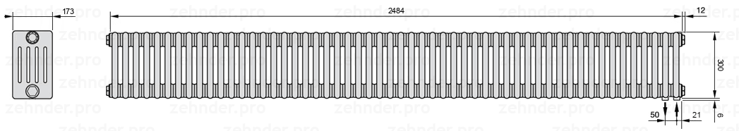 Схема (чертеж) Радиатор Zehnder Charleston 5030/54 №5510 Белый глянцевый RAL 9016